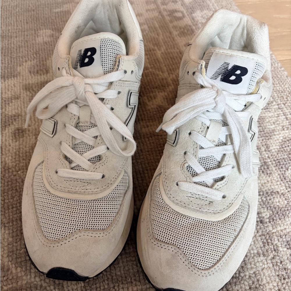 New Balance Off-White Mesh & Suede Trainers with Black Logo